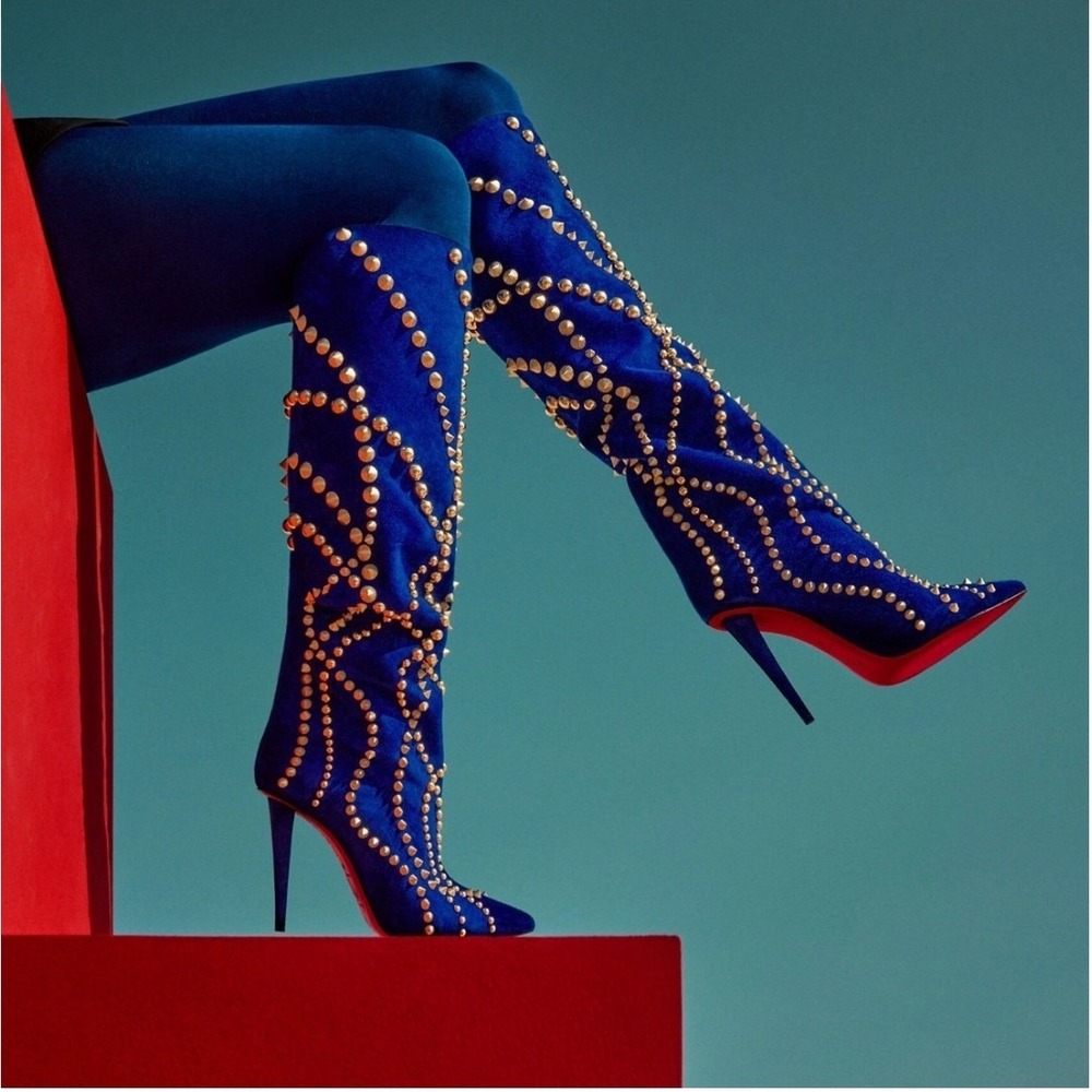 Christian Louboutin Astrilarge Botta Pika 100 Cobalt Suede OTK Boots 39.5 NIB